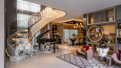Luxurious living room with grand piano and elegant spiral staircase