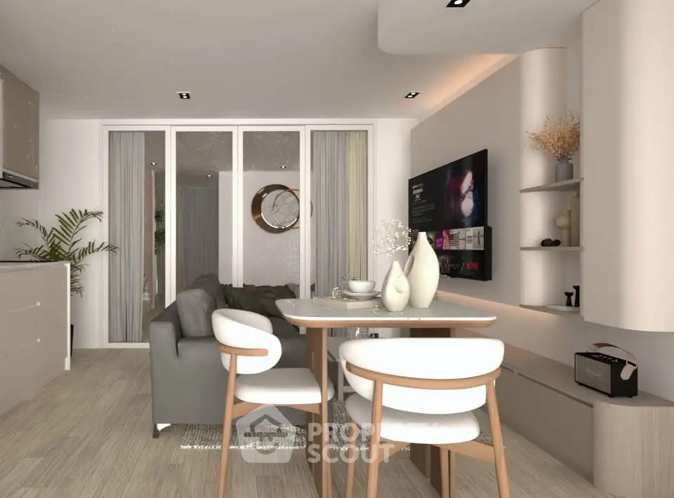 Modern open-plan living room with stylish decor and dining area