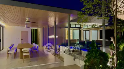 Luxurious modern outdoor dining area with pool and stylish lighting