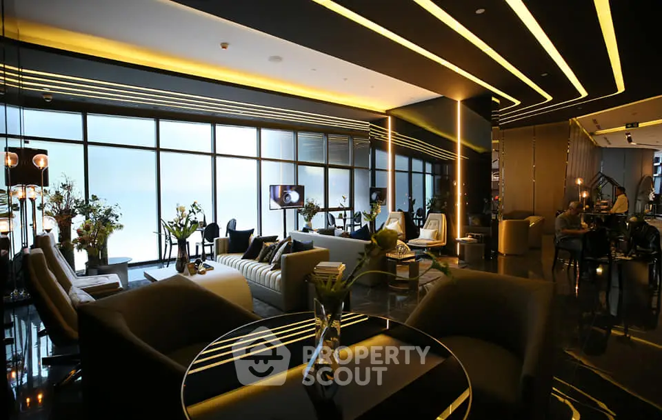 Luxurious modern living room with sleek design and ambient lighting