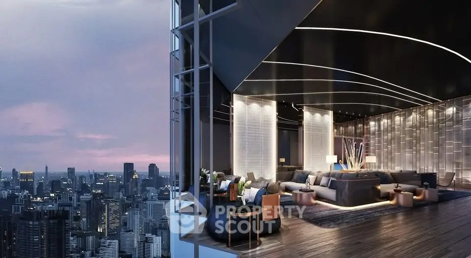 Luxurious modern living room with stunning city view in high-rise building