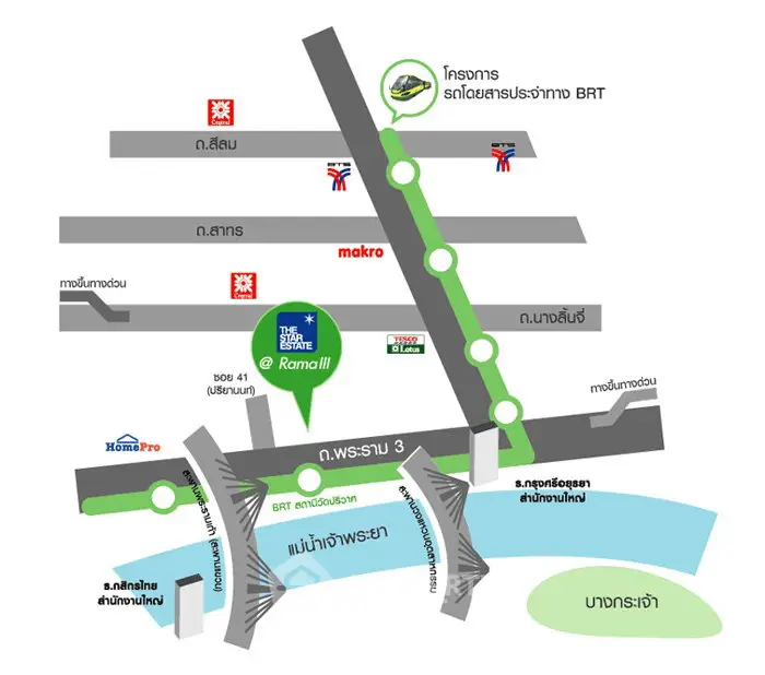 Map showing Rama III area with BRT stations and landmarks like HomePro and Makro.
