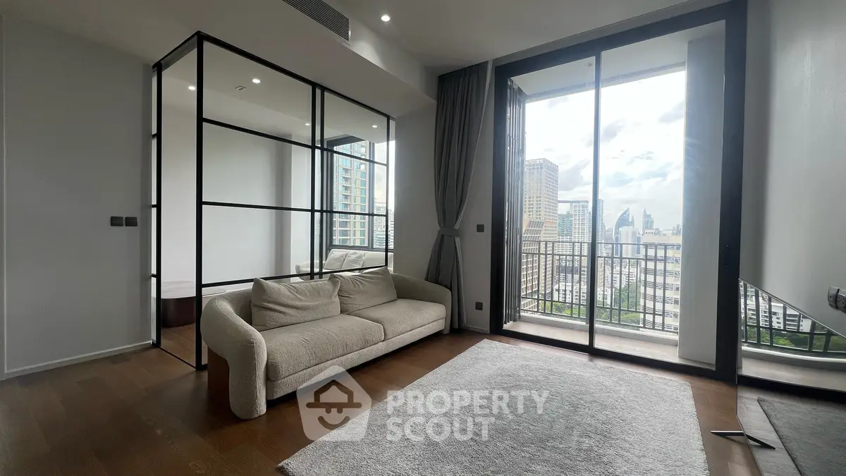 Modern living room with floor-to-ceiling windows and city view, featuring a cozy sofa and sleek design.