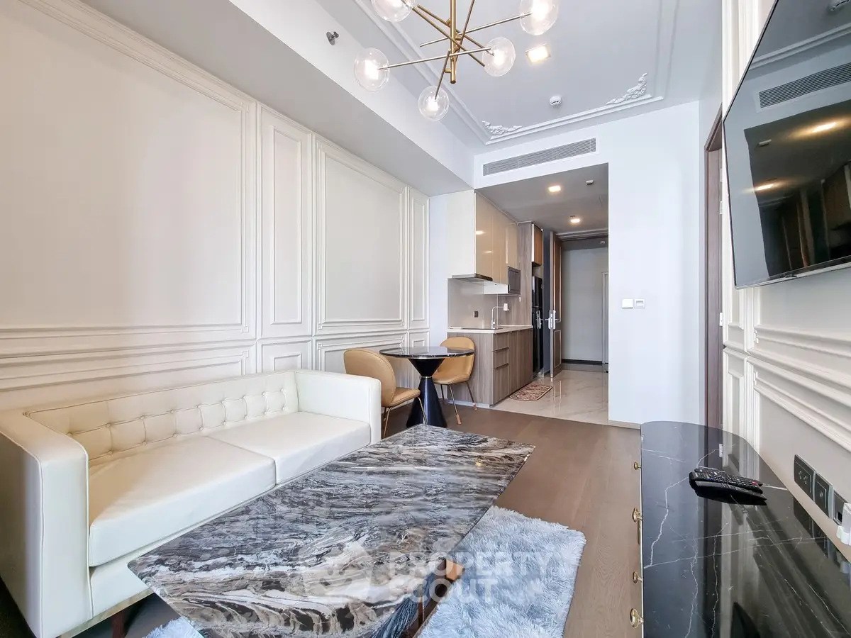 Luxurious modern living room with elegant decor and open kitchen layout