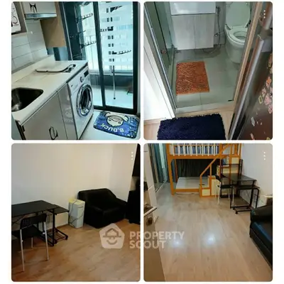 Modern apartment interior with kitchen, bathroom, and living area featuring washing machine and loft bed.