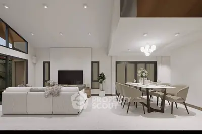 Spacious modern living room with elegant dining area and stylish decor