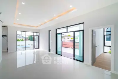 Spacious modern living room with large windows and sleek design