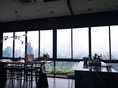 Luxurious penthouse with panoramic city skyline views and modern interior design.