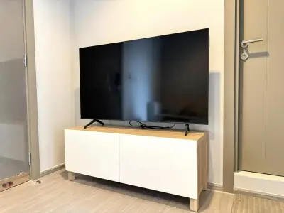 Modern living room with sleek TV setup on stylish cabinet, perfect for entertainment.