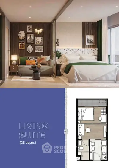 Modern living suite with stylish bedroom and detailed floor plan, 28 sq.m. of elegant design.