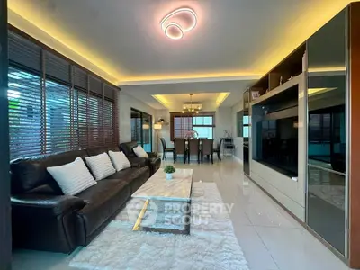 Luxurious modern living room with sleek design and ambient lighting