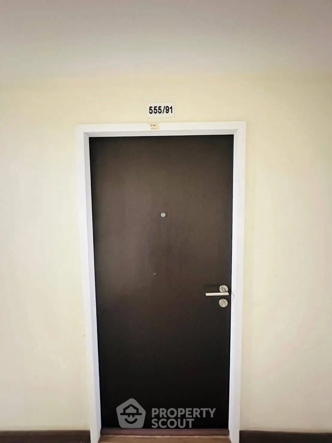 Modern apartment entrance with sleek dark wood door and white trim