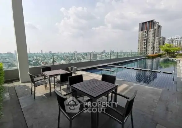 Luxurious rooftop pool with stunning city view and modern outdoor seating.