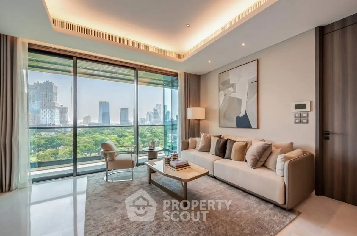 Luxurious living room with stunning city view and modern decor
