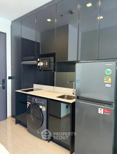 Modern kitchen with sleek black cabinets, built-in appliances, and washing machine.