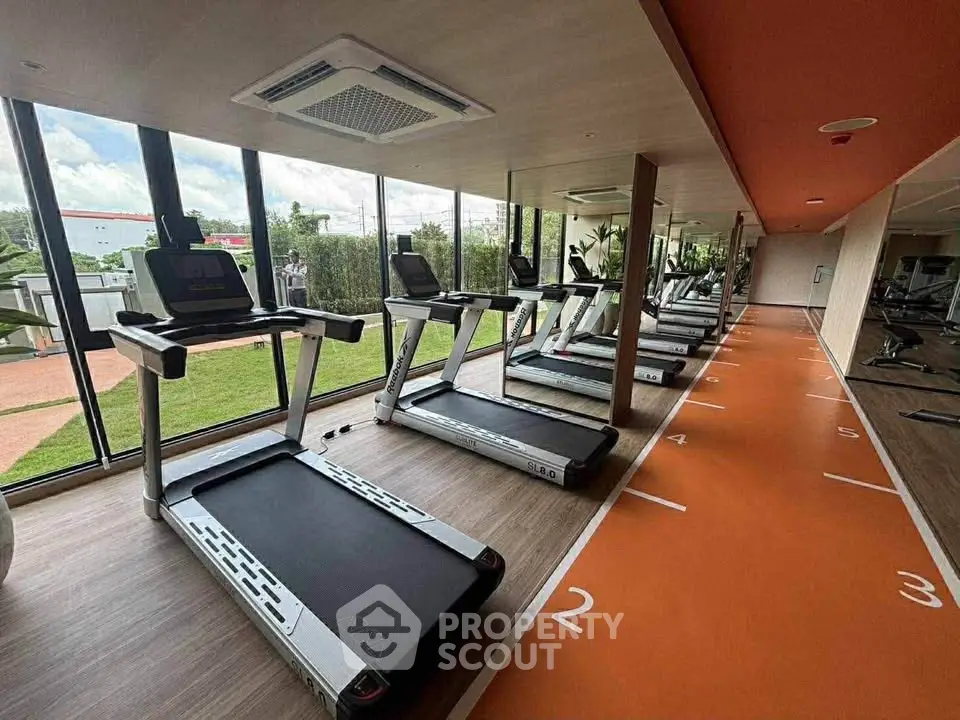 Modern gym with treadmills and large windows offering scenic outdoor views.