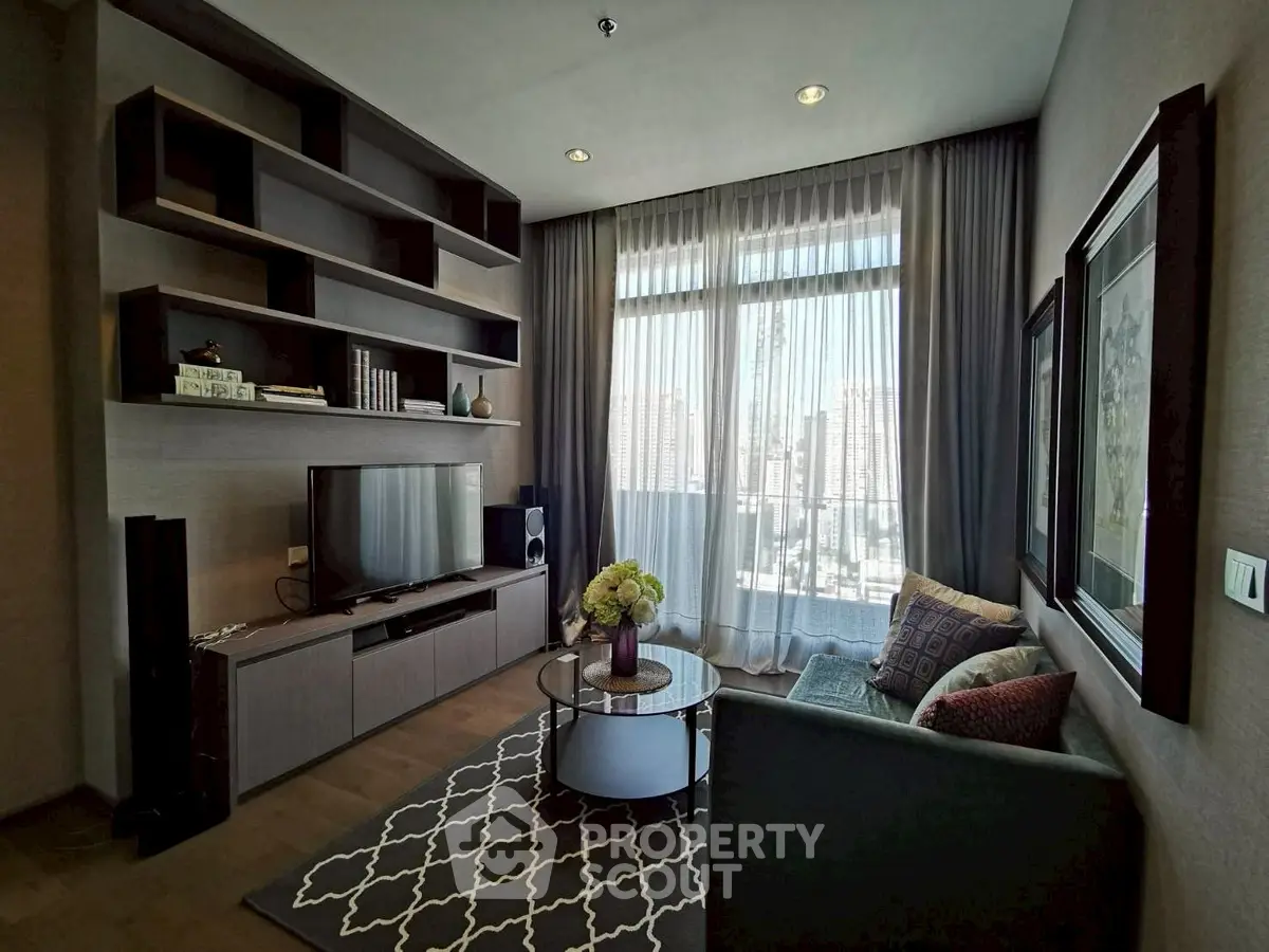 Stylish living room with modern decor and city view