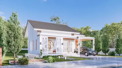Charming modern house with sleek design, spacious driveway, and lush greenery, perfect for serene living.