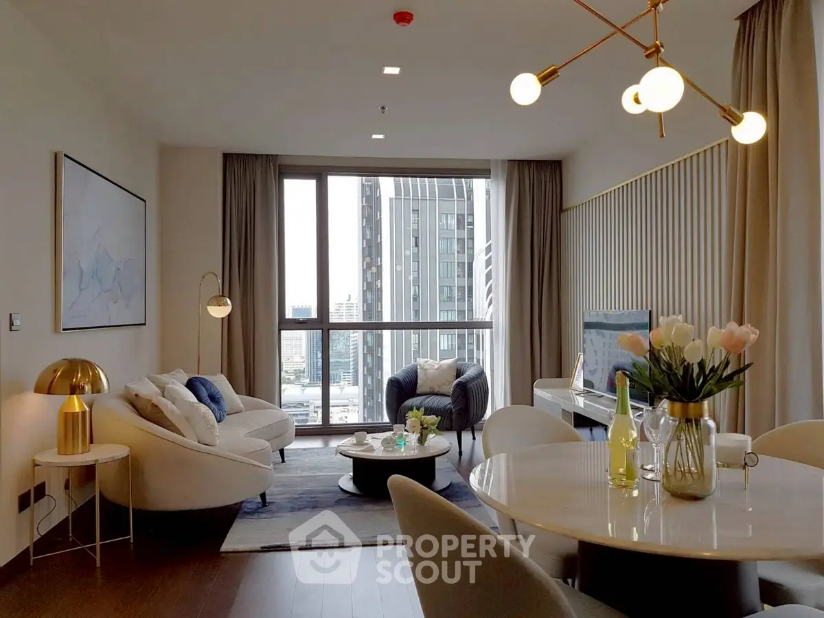 Luxurious modern living room with city view and elegant decor
