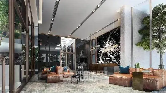 Luxurious modern lobby with elegant seating and marble accents in a high-end residential building.