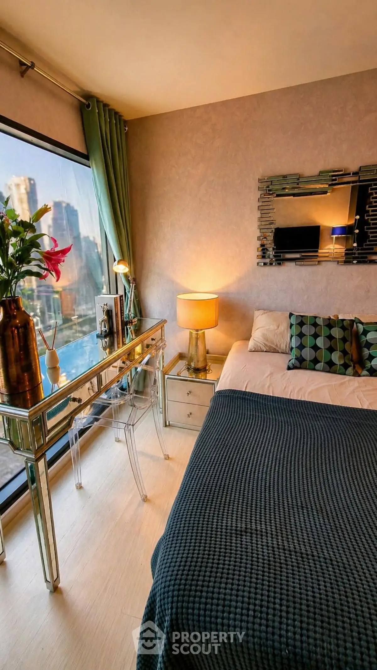 Luxurious bedroom with stunning city view and elegant decor