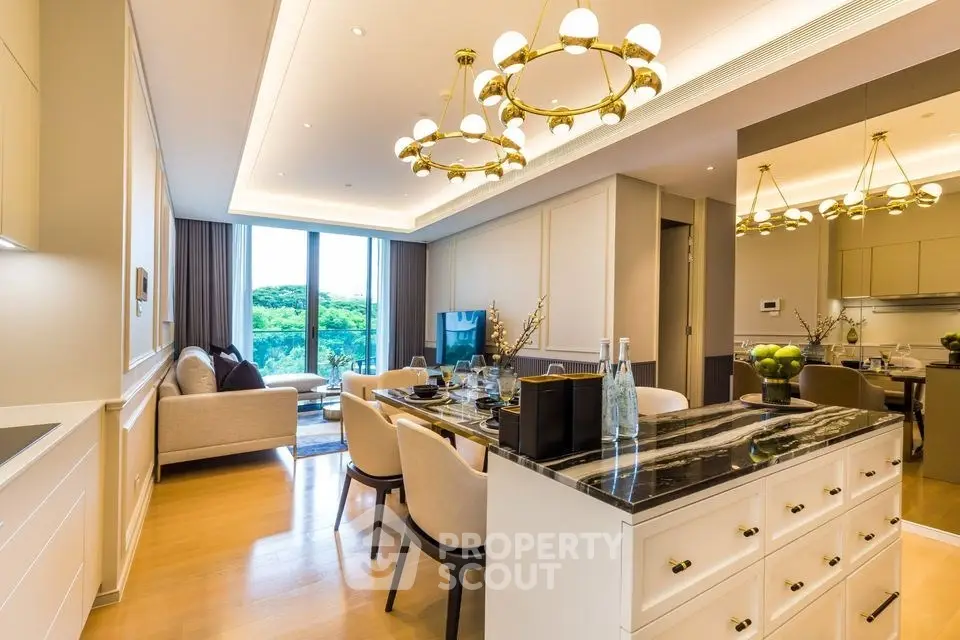 Luxurious open-plan living room with elegant dining area and scenic view.