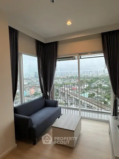 Modern living room with panoramic city view and stylish furniture