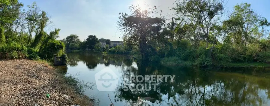 Serene lakeside view with lush greenery and clear blue sky, perfect for nature lovers.