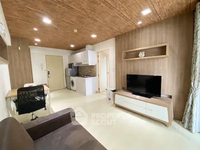 Modern living room with integrated kitchen and stylish wooden ceiling