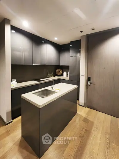 Modern kitchen with sleek cabinetry and island in luxury apartment