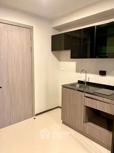 Modern compact kitchen with sleek cabinets and black countertop