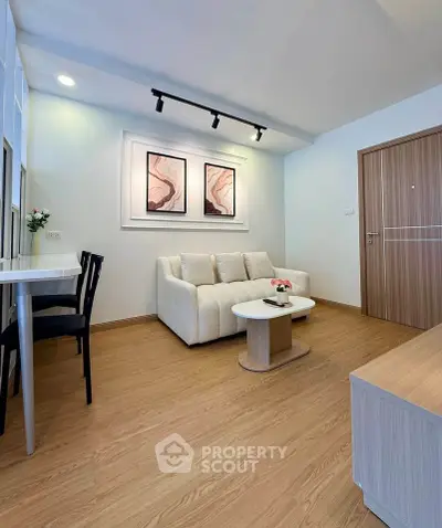 Modern living room with stylish decor and cozy seating area