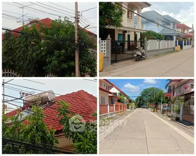Charming suburban neighborhood with red-roofed houses and tree-lined streets.