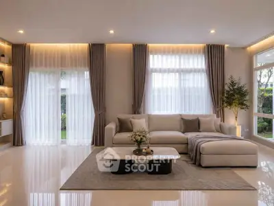 Luxurious modern living room with elegant decor and large windows for natural light.