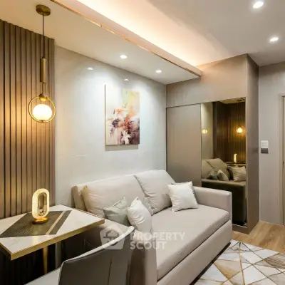 Modern living room with elegant decor and cozy seating area