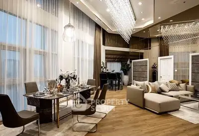 Luxurious modern living room with elegant dining area and stunning chandelier
