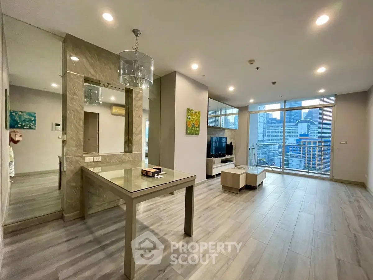 Spacious modern living room with city view and elegant decor
