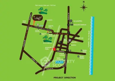 Map showing directions to a real estate project near a water park and golf court.