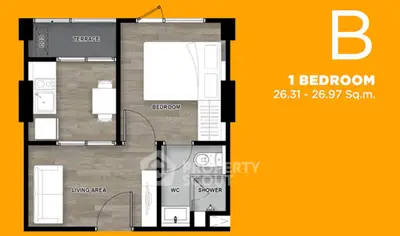 Modern 1-bedroom apartment floor plan with terrace and living area, ideal for urban living.