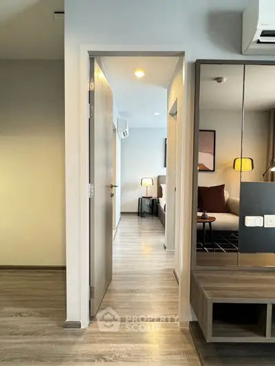 Modern apartment interior with sleek design and cozy bedroom view