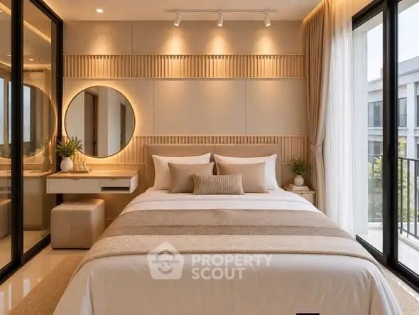 Luxurious modern bedroom with elegant decor and large windows offering natural light.
