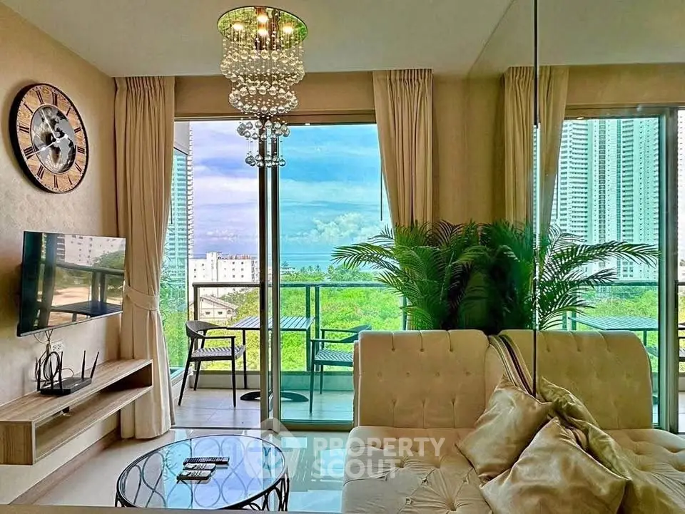 Luxurious living room with stunning city view and elegant decor