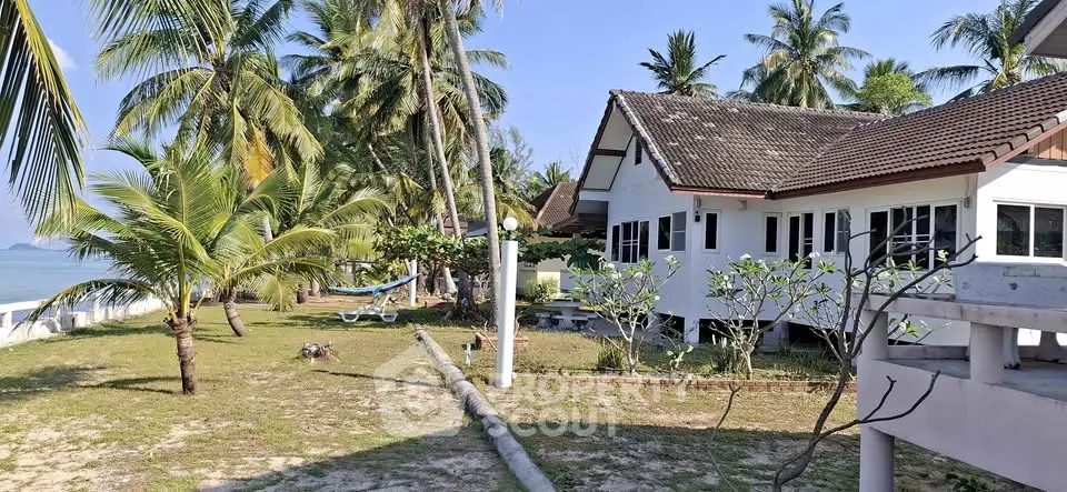 Charming beachfront property with lush palm trees and serene ocean view