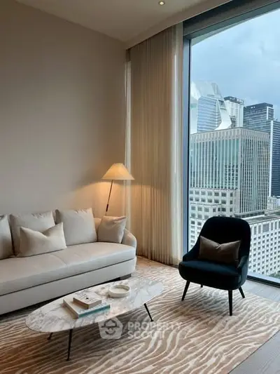 Luxurious living room with city view, elegant furniture, and floor-to-ceiling windows.