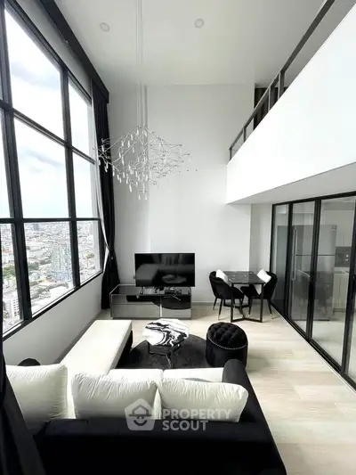Stunning modern living room with high ceilings and panoramic city views in luxury apartment.