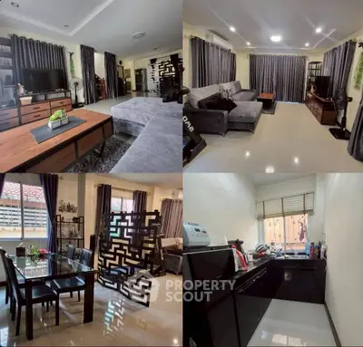 Spacious living and dining area with modern kitchen in stylish home