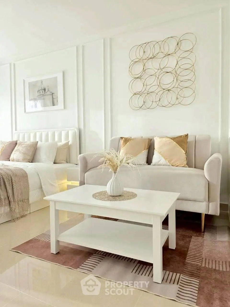 Elegant living room with modern decor and cozy seating area, perfect for relaxation and comfort.
