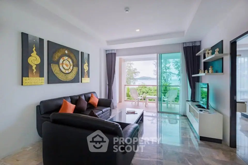 Luxurious living room with modern decor and stunning balcony view