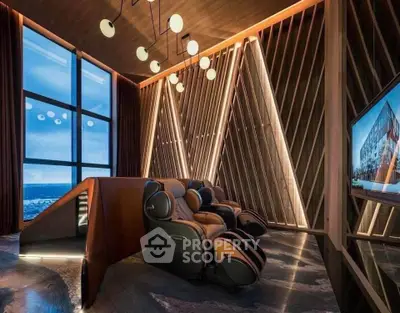 Luxurious modern living room with ocean view and unique lighting design