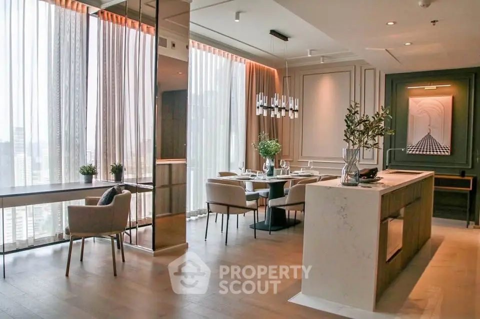Luxurious modern living room with elegant dining area and floor-to-ceiling windows.